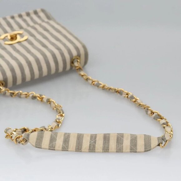 CHANEL Striped Matelasse Chain Shoulder Bag Canvas White Gray CC Auth - Picture 4 of 16